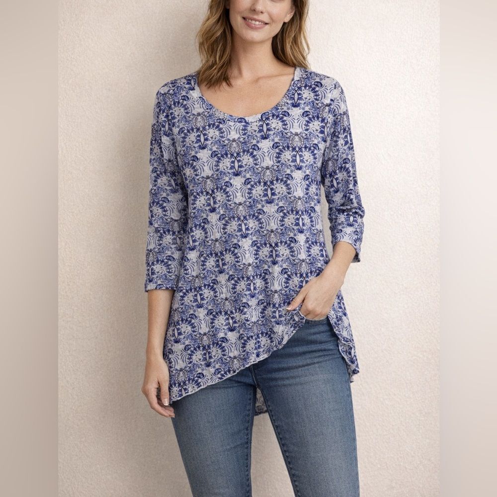 Shana Blue White Printed Tunic Top Lightweight 3/4 Sleeve Size XS